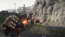 PS5 video game scene with armored characters carrying cargo packs and firing weapons
