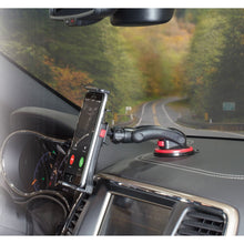 Black car dashboard phone holder with suction base and adjustable arm, red release knob