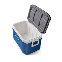 Igloo Latitude 52 blue cooler with open lid showing white interior and hinge