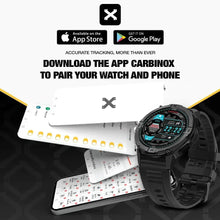 Black rugged smartwatch with round display and silicone sport strap, charging cards shown
