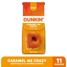 Dunkin' Caramel Me Crazy ground coffee bag with 11 ounces badge