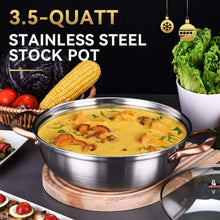 3.5-quart stainless steel stock pot with glass lid and copper handles