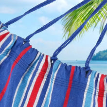 Blue striped hammock chair swing fabric and braided suspension rope with knots