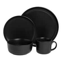 Matte black dinner plates with stacked bowls and handled mugs, round matte finish