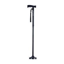 Black folding cane with extended shaft and T-handle top, wrist strap visible