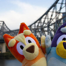 Plush dog character close-up: orange and blue faces with embroidered eyes