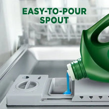 Green dishwasher detergent jug pouring into the detergent cup with easy-to-pour spout