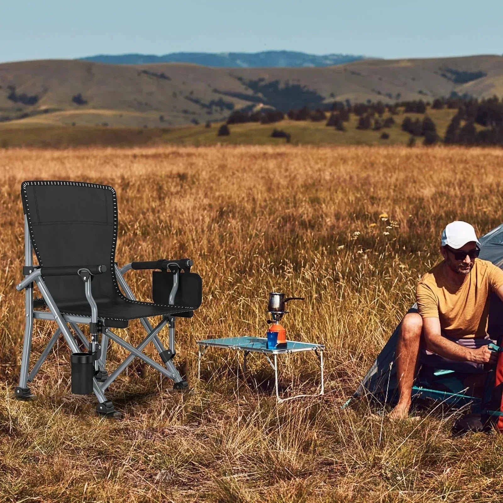 LNOW Folding Camping Chair with Cup Holder & Side Pocket Lightweight Portable Chairs for Beach, Sports, Fishing, â€Œâ€ŒBlack - USA MEGA SHOP