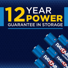 Set of AA batteries in blue Rayovac High Energy design arranged diagonally