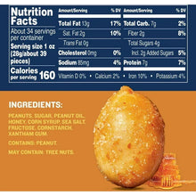 Ingredients list and honey roasted peanut; contains peanuts, may contain tree nuts
