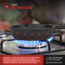 Black mini cast iron skillet heating on a stovetop burner