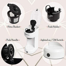 White coffee brewer diagram showing filter basket, pods holder, and on/off switch