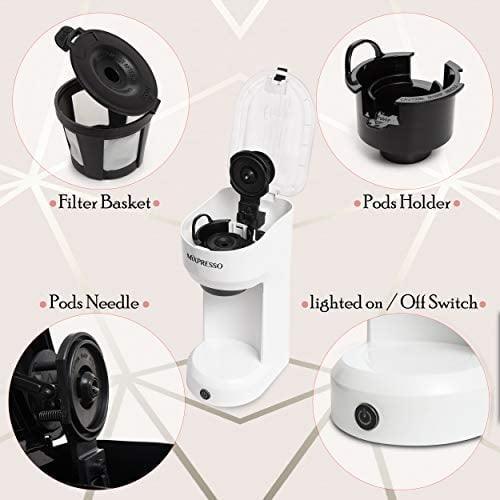 Mixpresso Single Serve Coffee Brewer, K Cup Compatible & Ground Coffee, White