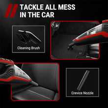 Car vacuum set with red and black handheld vacuum plus crevice nozzle and brush