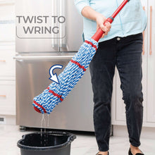 MicroTwist MAX microfiber mop with blue head and red handle, twisted for wringing
