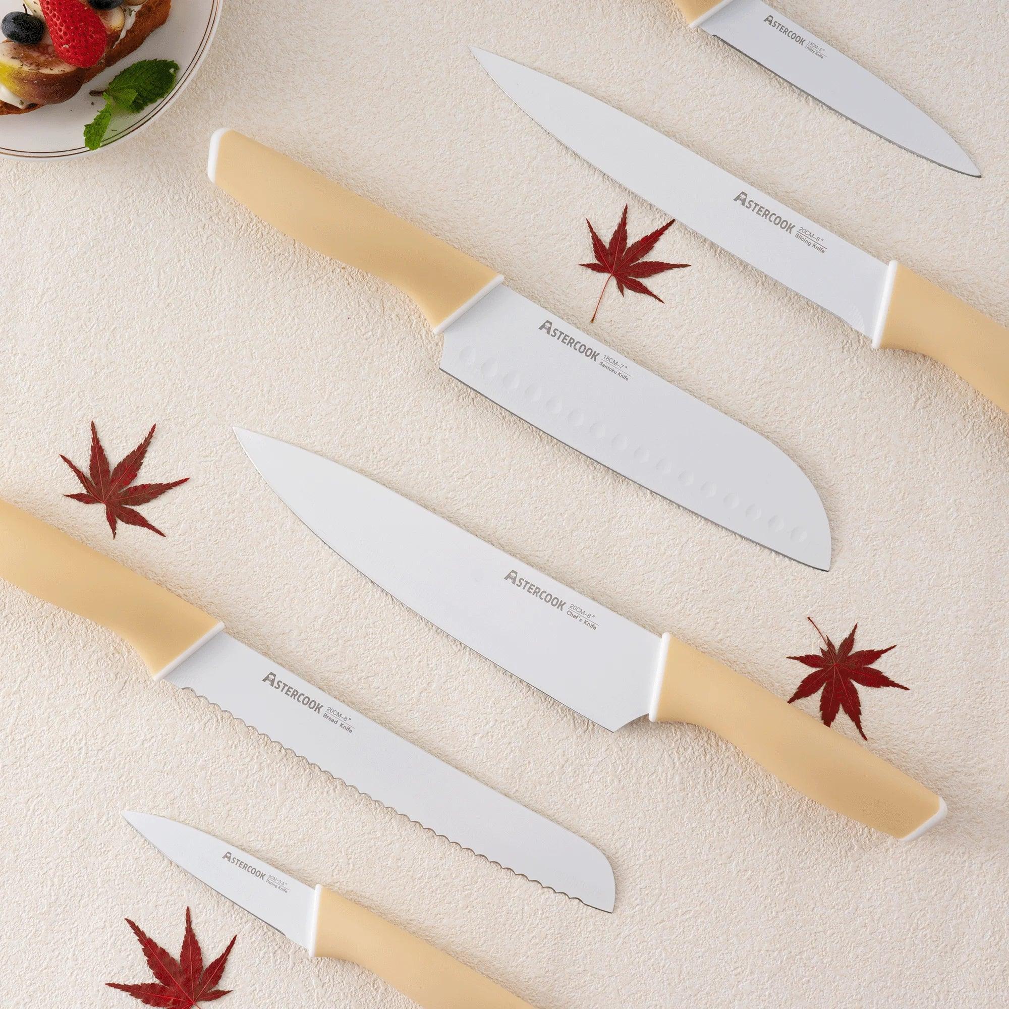 Astercook Knife Set, 14 Pieces Kitchen Knives Set with Healthy Anti-Rust Coating, Stainless Steel Knife Sets with Built-in Sharpener, Sharp & Rust Resistant Dishwasher Safe