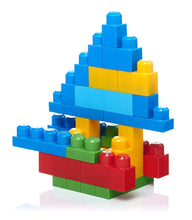 Colorful plastic building blocks pyramid with layered blue, yellow, green, and red pieces