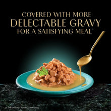 Cat food variety pack label featuring extra gravy meal and “Covered with more delectiable gravy”