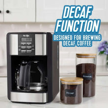 Programmable coffee maker with decaf cups beside the brewer