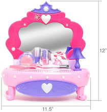 Pink and purple kid vanity with heart mirror and light-up accessories; storage base