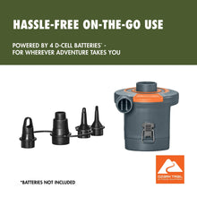 Electric air pump with orange top, gray body, and four black valve adapters