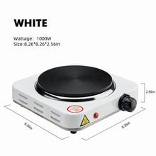 White portable electric hot plate with single round black burner and side knob controls