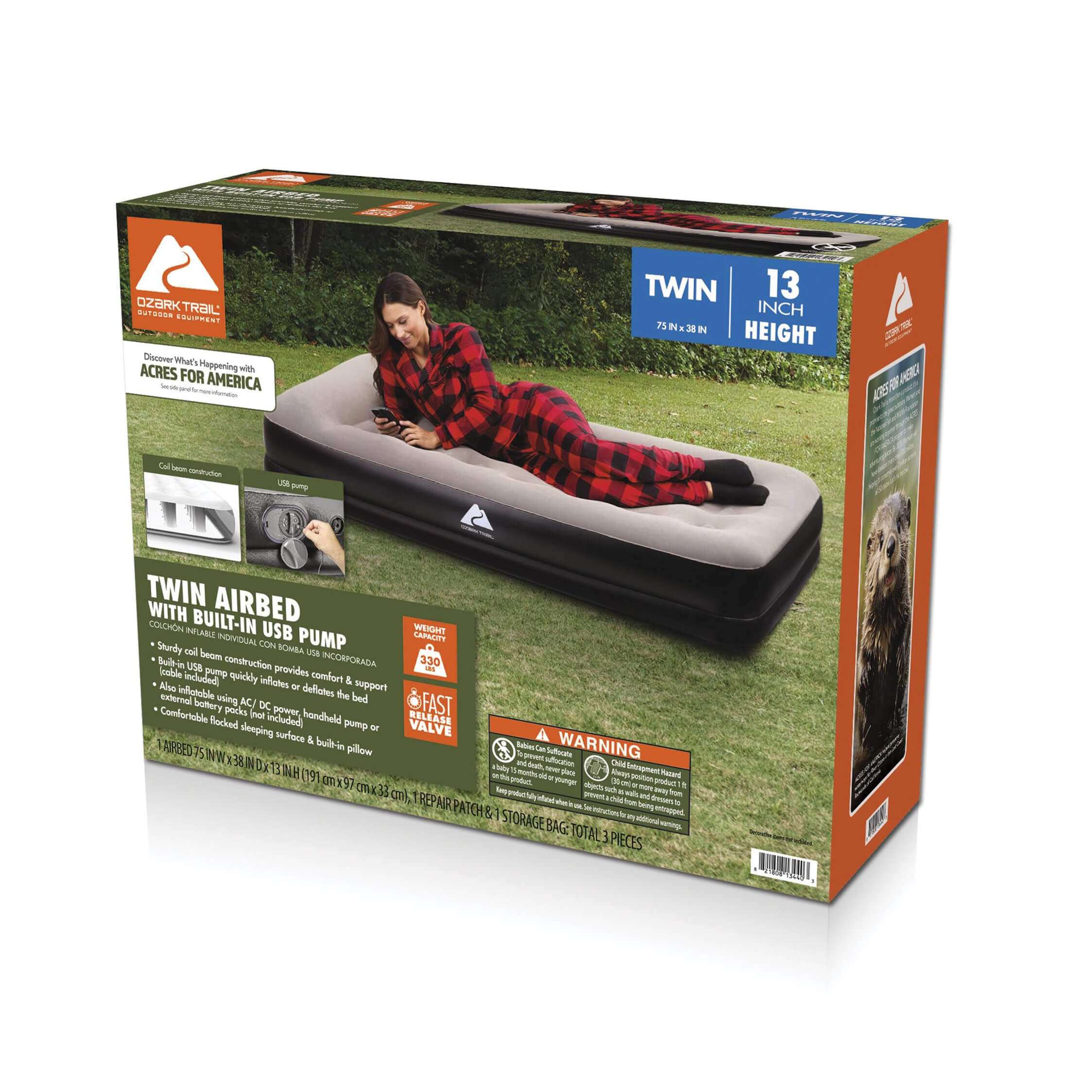 Ozark Trail 13" Twin Indoor & Outdoor Air Mattress with Built-In USB Pump