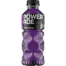 Powerade sports drink bottle, purple with black label and black cap.