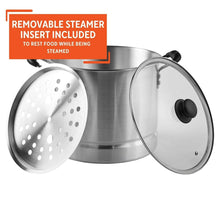 Aluminum stock pot with removable steamer insert and glass lid