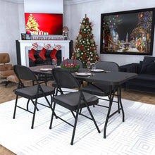 Dark folding dining table with flat top and metal folding legs