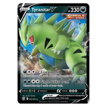 Tyranitar V trading card with green dinosaur artwork, HP 230