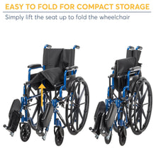 Folding wheelchair with black seat and armrest pads, shown in compact storage positions