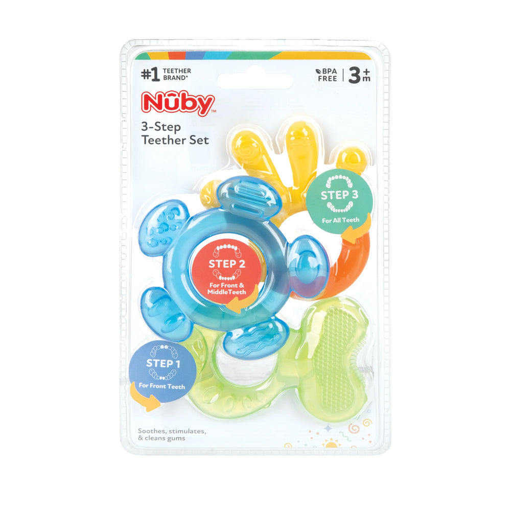 Nuby 3-Step Soothing Teether Set for Infants, Green/Blue/Yellow Unisex Baby Teethers, 3 Count - USA MEGA SHOP
