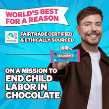 Milk chocolate bar pack held by a smiling person in front view