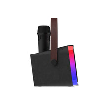 Karaoke speaker with two wireless microphones and multicolor LED glow panel, side view
