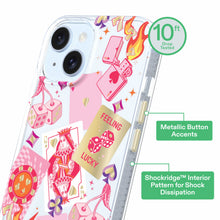 Phone case with pink Vegas pattern, raised camera area and metallic button accents