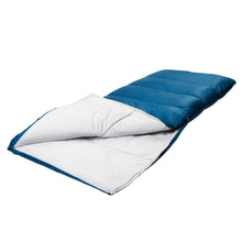 Folded rectangular sleeping bag with white and blue quilted panels and blue trim.