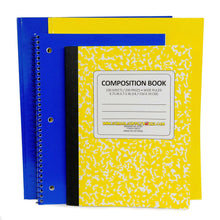 Composition book set in blue and yellow folders with “composition book” label