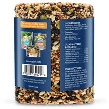 Love My Girls peck'n roll chicken seed log treat, back label with ingredients and directions