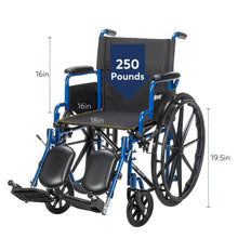 Wheelchair with padded seat and back, with size and weight capacity callouts