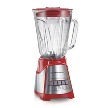 Red blender with clear jar filled with ice and water