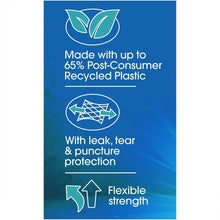 Bag package back panel showing recycled plastic, leak and puncture protection