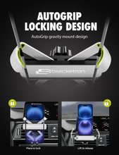 Bracketron AutoGrip gravity locking vent mount showing release and place-to-lock operation