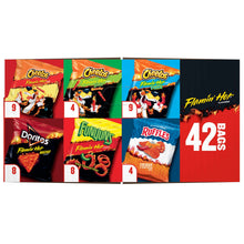 Flamin' Hot variety pack box, top panel with assorted chip bags and 42 bags