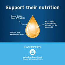 Omega-3 nutrition support infographic with droplet illustration and paw health icons.