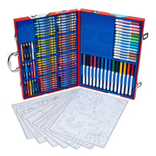 Open coloring case with colored pencils and crayons plus activity coloring sheets