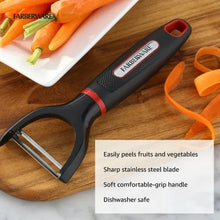 Y-peeler with soft-grip black handle, red accent ring, and double stainless blades