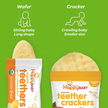 HappyBABY teething wafer and round teether cracker shown with their individual snack packs.