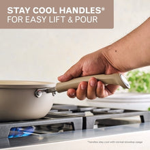 Taupe ceramic saucepan with stay-cool handle and pouring lip