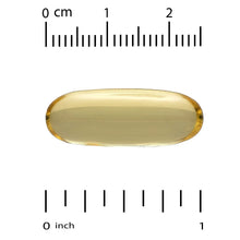 Single golden softgel capsule with measuring marks above and below